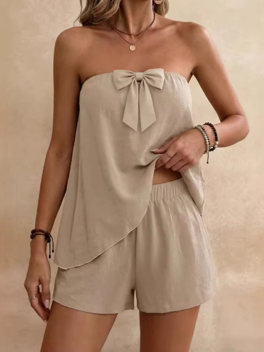 Khaki bowknot tube top and shorts set with elastic waist shorts