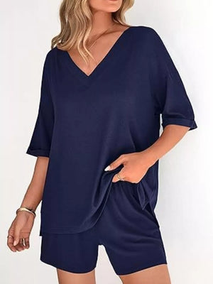 Khaki Color Solid Color V-neck And Shorts Set