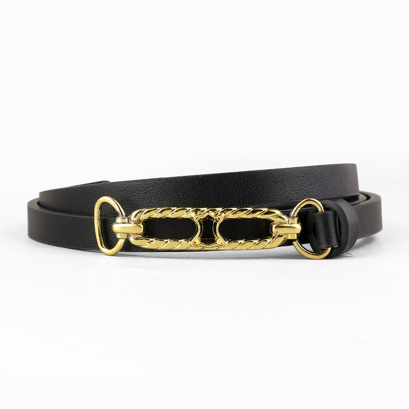 Black cowhide leather skinny belt with gold chain buckle detail