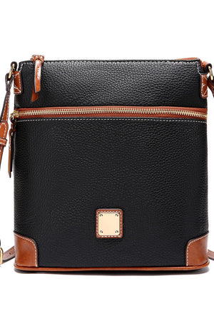 Black and brown leather crossbody bag with gold hardware and a front zipper pocket.
