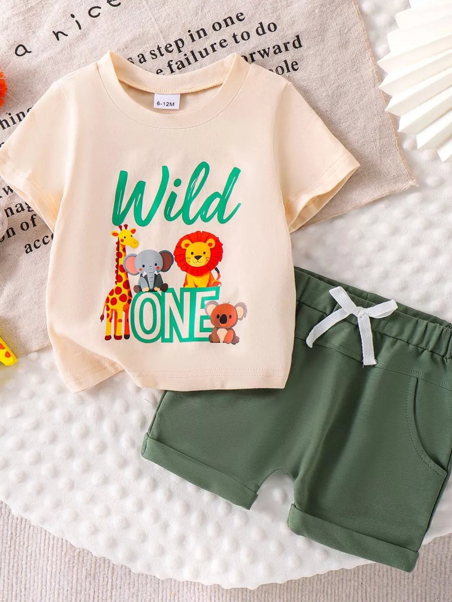 Green Children S Graphic Round Neck Tee And Shorts