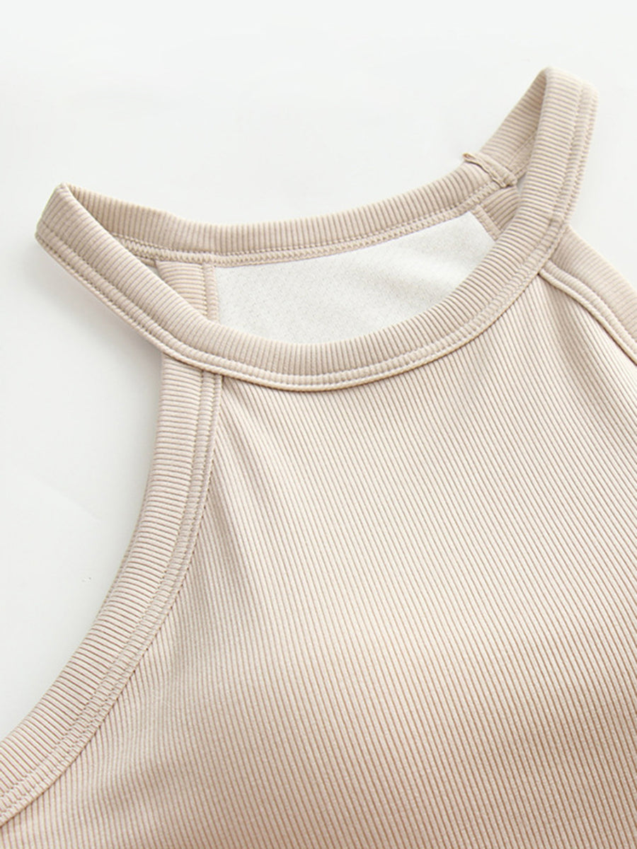 Camel ribbed halter tank top with built-in bra detail