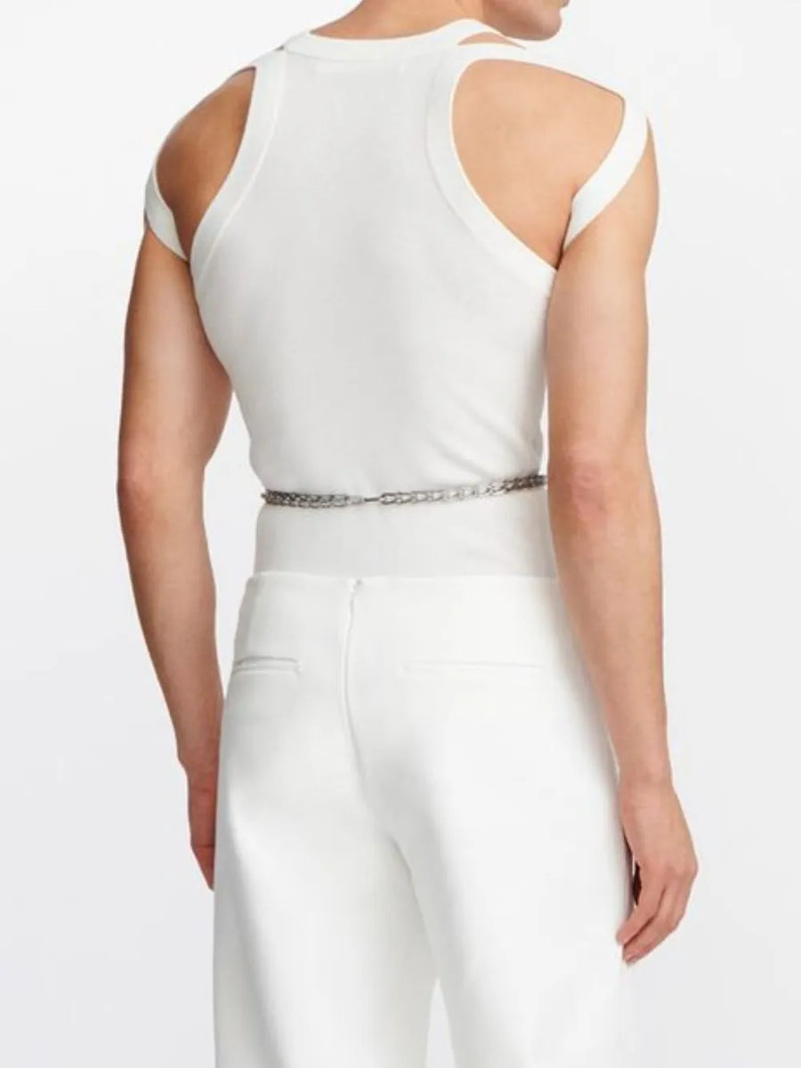 White tank top with sculpted shoulder straps and a cutout detail.