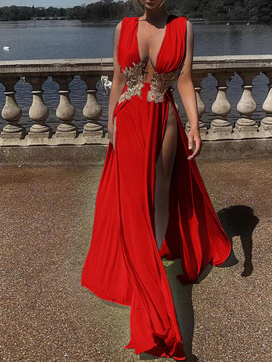 glam maxi dress in Red with deep v-neck