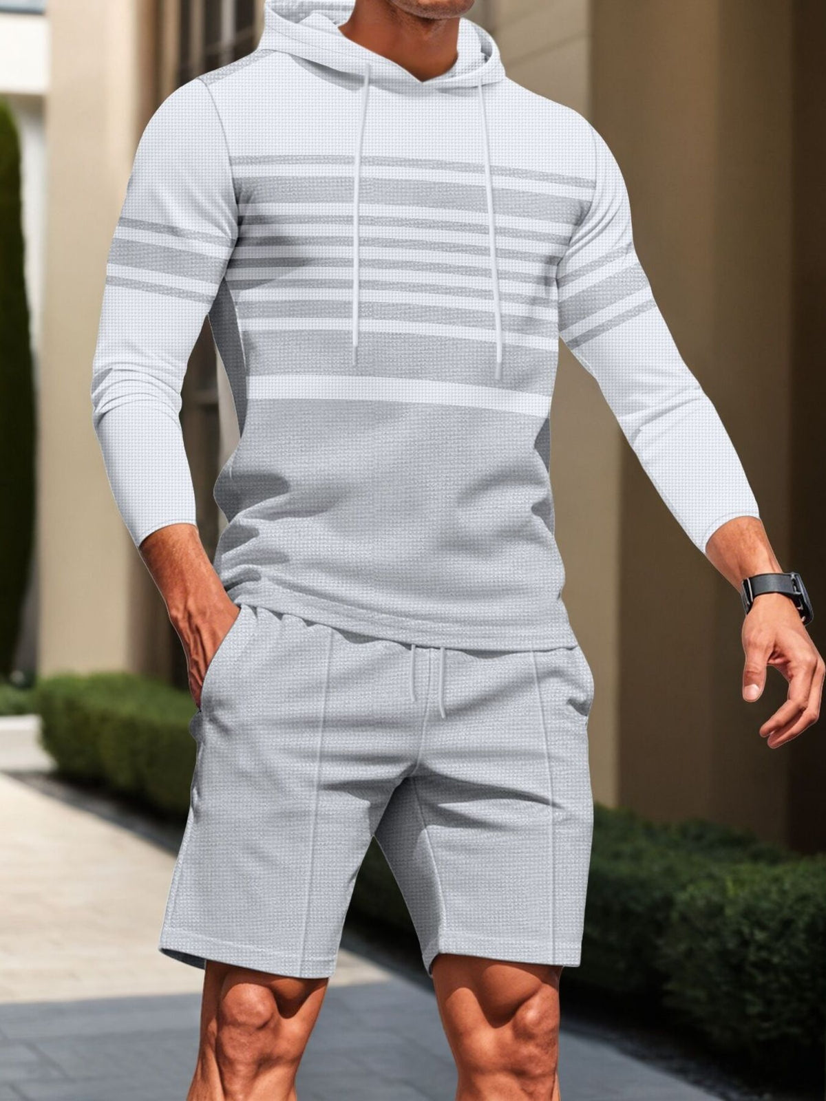 Light gray textured stripe hoodie and shorts set with drawstring waist and pockets.