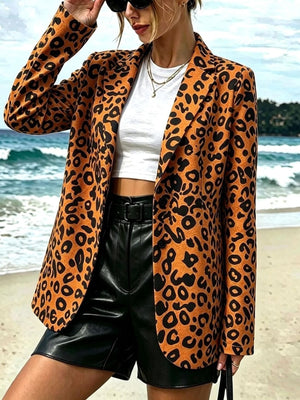 camel blazer with leopard-print and notch lapel