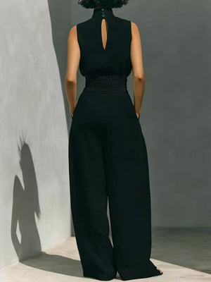 Pink Sleeveless Wide-leg Jumpsuit With Smocked Waist