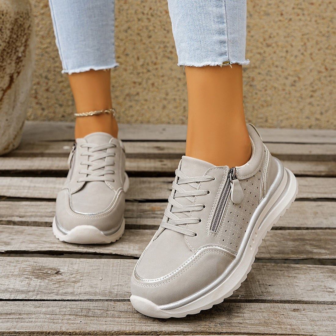 Fabric Chunky-Sole Round Toe Lace Up Sneakers in light grey with round toe