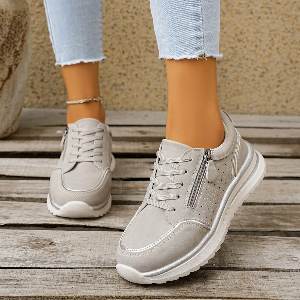 Fabric Chunky-Sole Round Toe Lace Up Sneakers in light grey with round toe