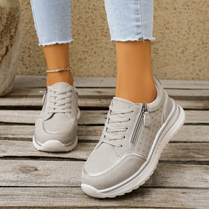 Fabric Chunky-Sole Round Toe Lace Up Sneakers in light grey with round toe
