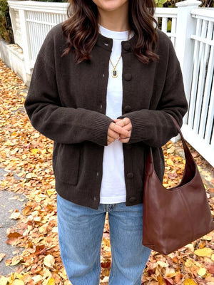 Brown Crew Neck Button-up Cardigan