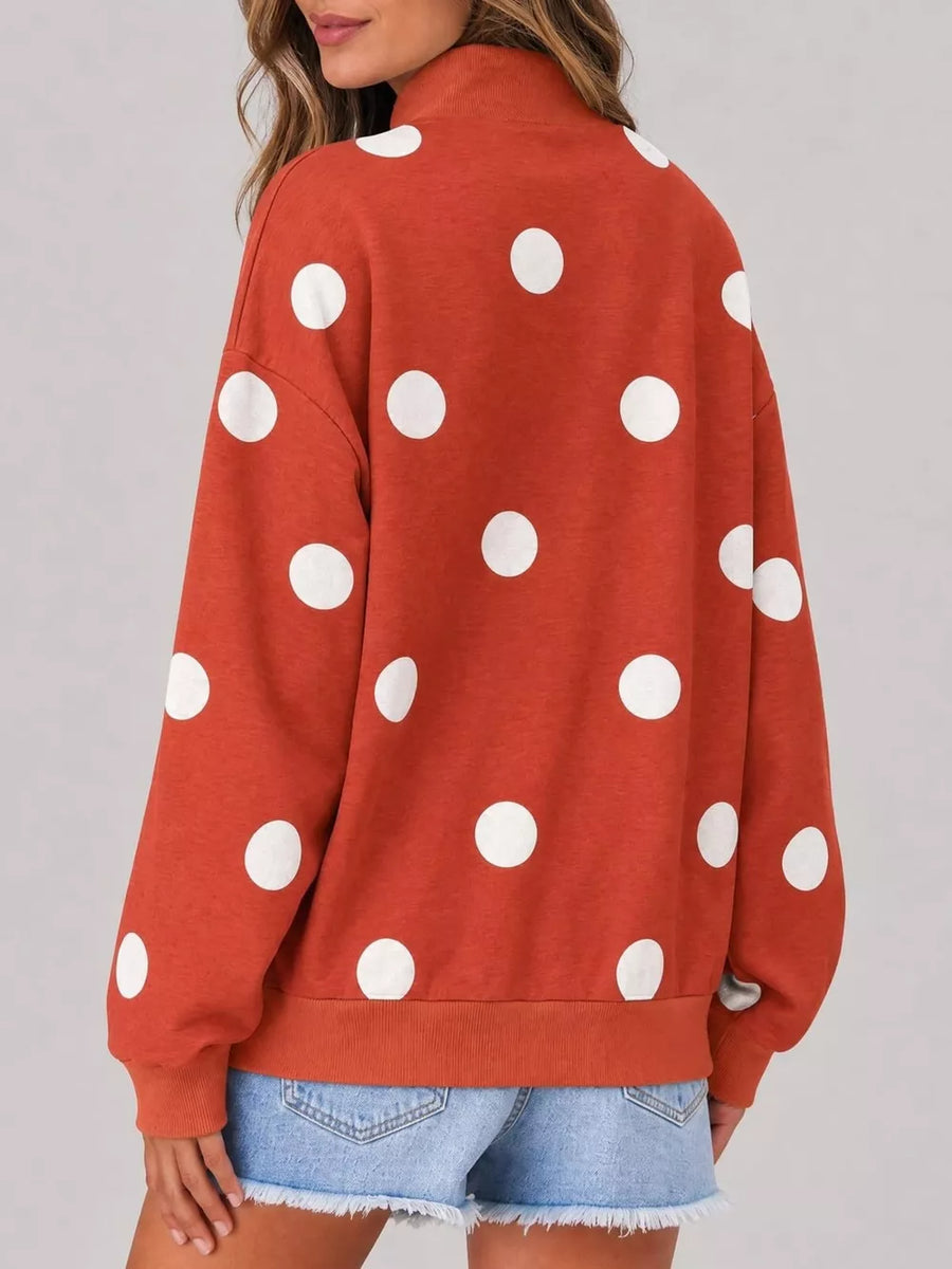 heather grey sweatshirt with pullover and polka dot