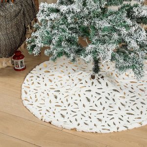 White Christmas tree skirt with gold and black feather pattern