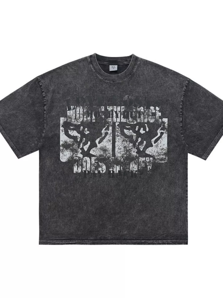Vintage graphic relaxed fit t-shirt in dark gray cotton with crew neck and abstract print.