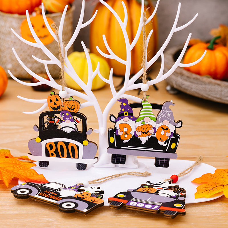Halloween car-shaped gnome ornaments with pumpkins and festive details.