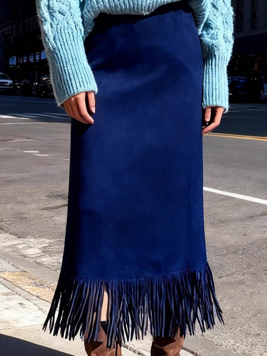 Slit High-Waisted Fringe Midi Skirt in Light Brown with fringe