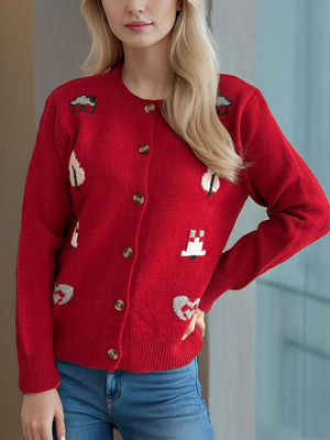 Deep Red embroidered storybook cardigan with button-up front and crew neck.