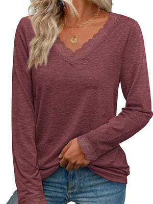 Burgundy long sleeve t-shirt with lace trim V-neck and cuffs.