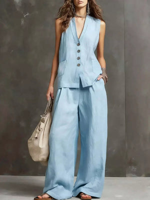 Black Sleeveless Buttoned Vest And Wide-leg Pants Set