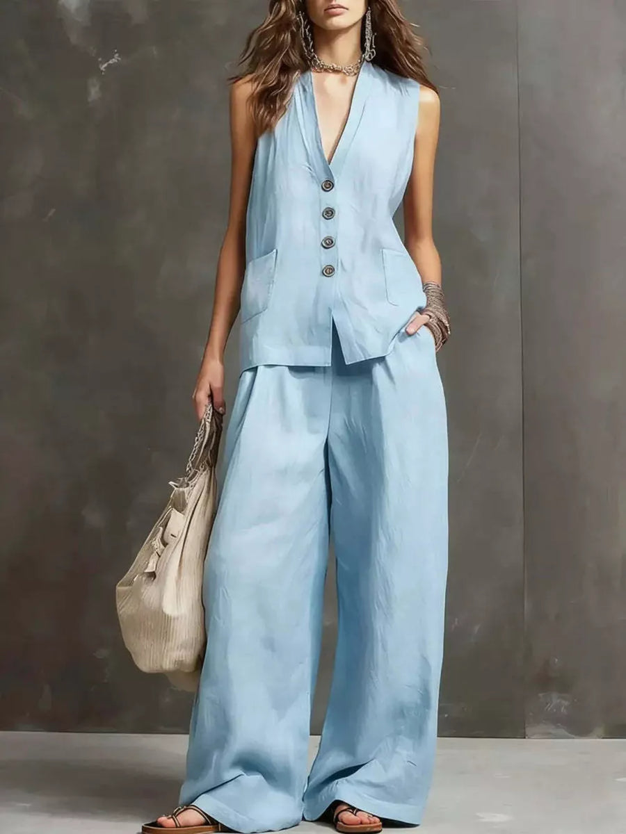 Black Sleeveless Buttoned Vest And Wide-leg Pants Set