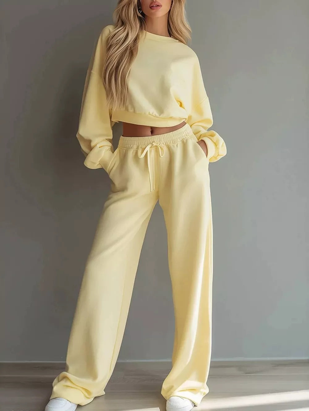 lounge set in pale yellow featuring drawstring and relaxed fit