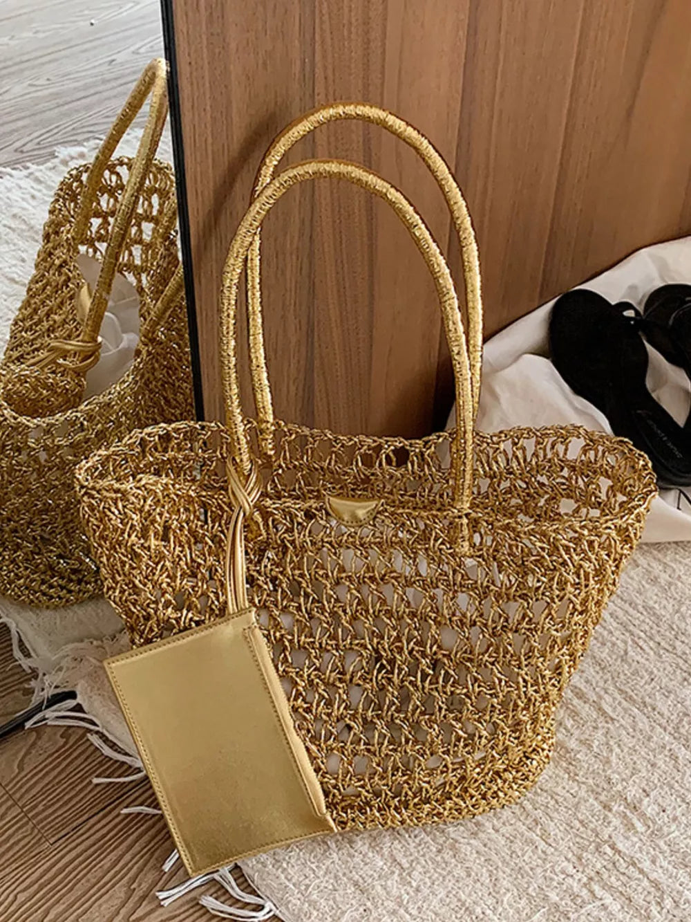 tote featuring woven in Gold with PU Leather Imported Size &amp texture