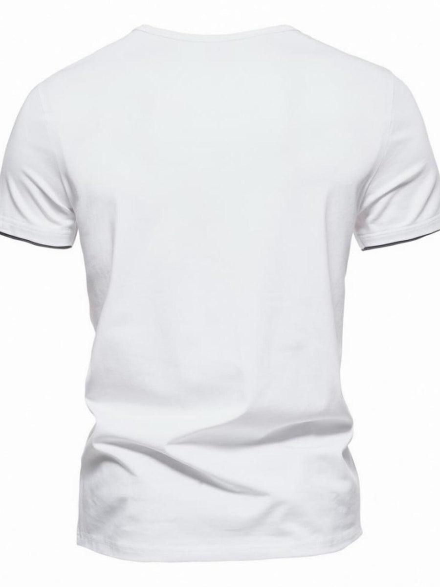 White cotton slim fit tee with dark trim on sleeves.