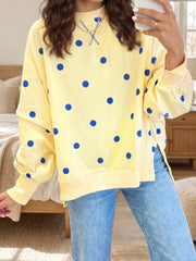 light yellow sweatshirt with polka dot and crew neck
