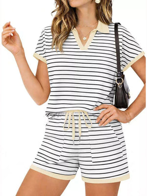 Women's striped polo shirt and drawstring shorts loungewear set in blue stripes.