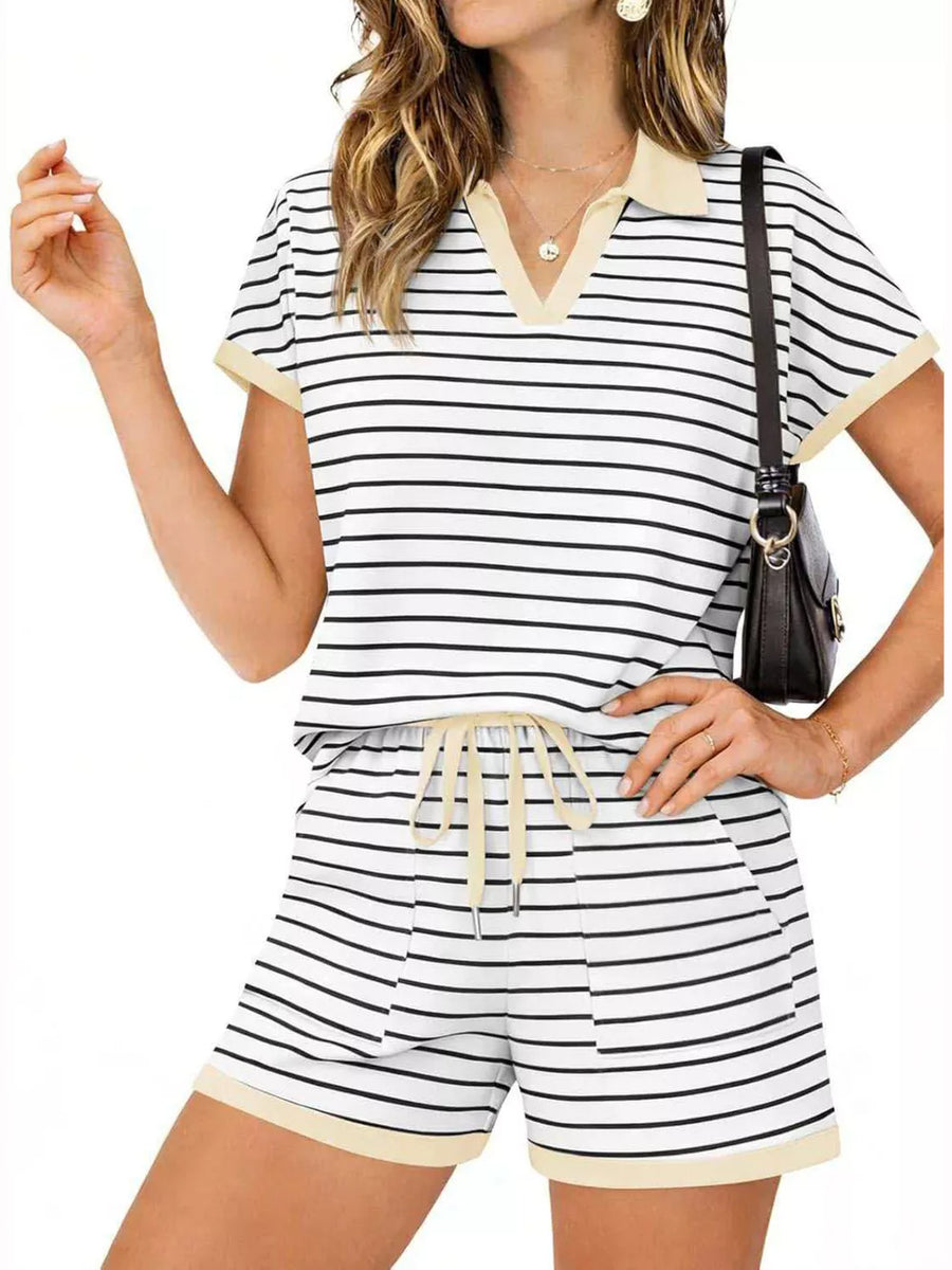 Women's striped polo shirt and drawstring shorts loungewear set in blue stripes.