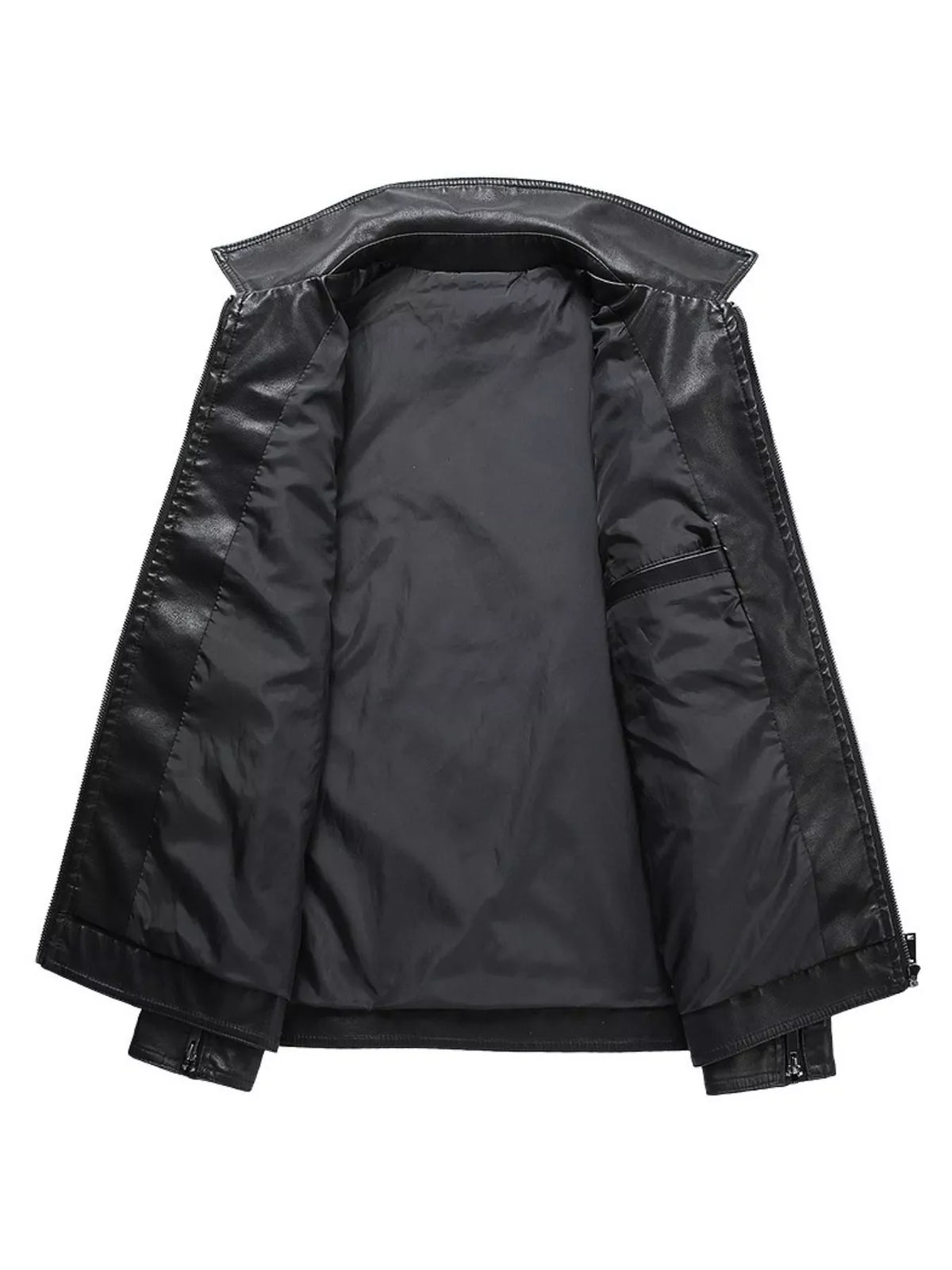 Black leather jacket with zip closure and interior pocket detail.