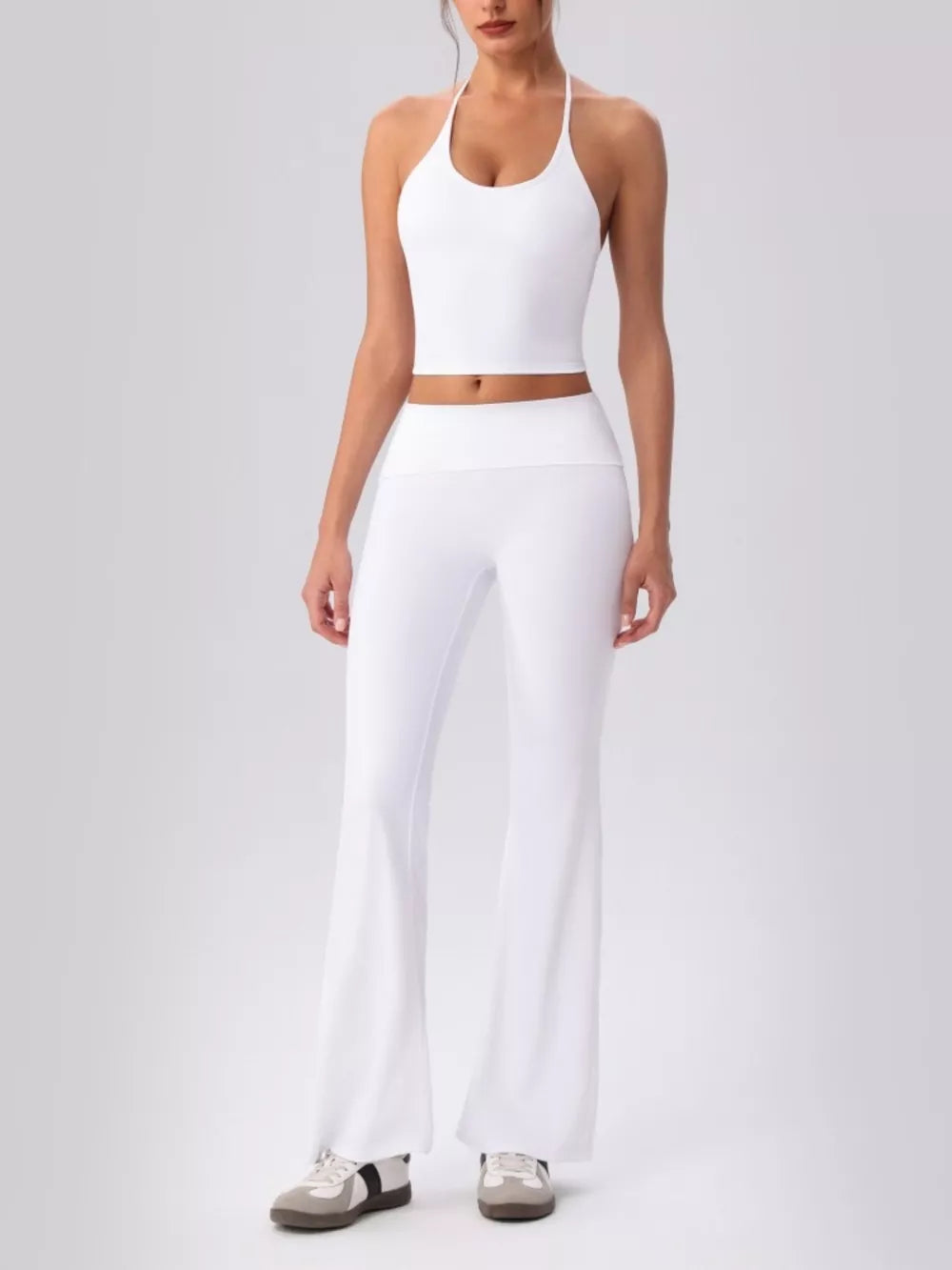 white flared activewear set with halter
