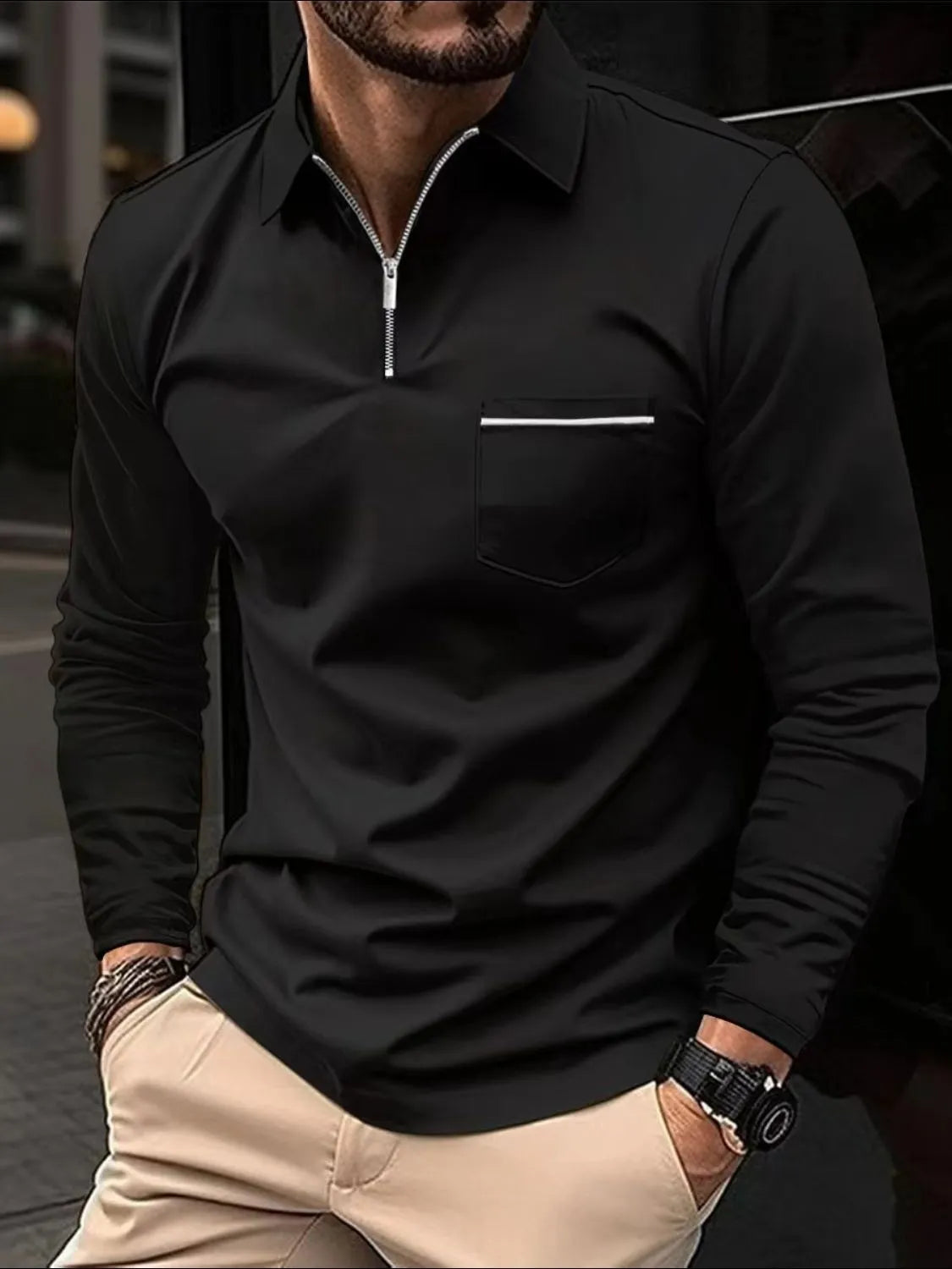 Black zip-front long sleeve polo shirt with contrast pocket detail