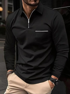 Black zip-front long sleeve polo shirt with contrast pocket detail