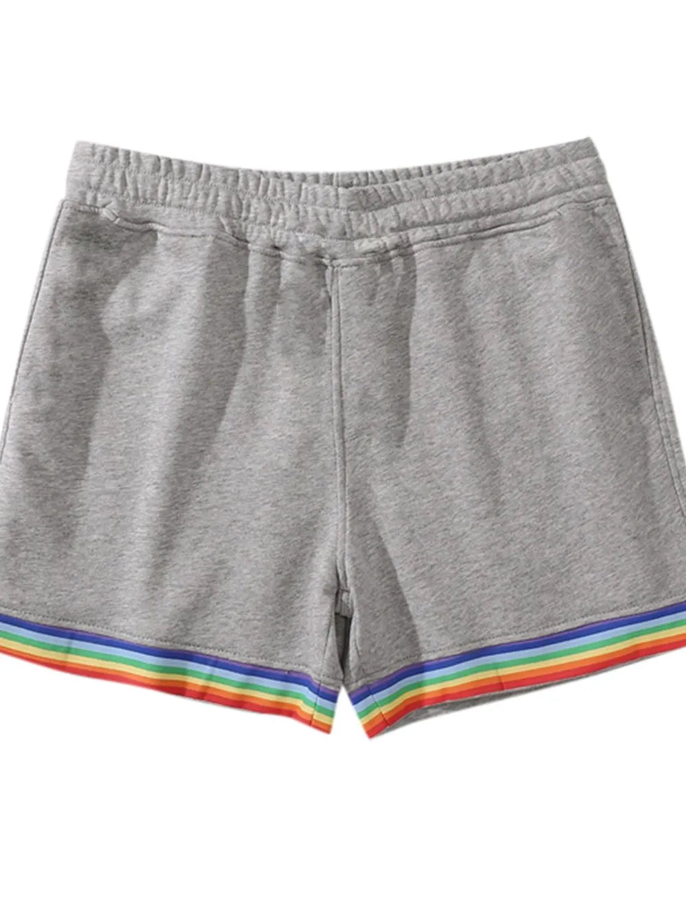 Gray lounge shorts with rainbow trim and elastic waistband