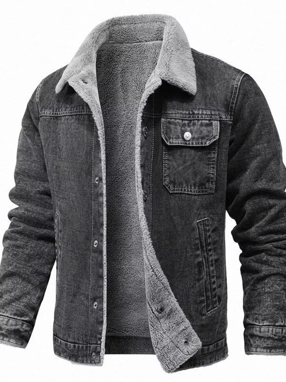 Men's black sherpa-lined denim jacket with button-up front and chest pockets.