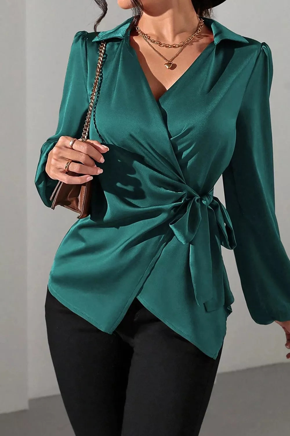 Brown blouse with wrap front and bishop sleeve