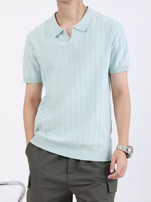 Light blue ribbed knit polo shirt for men with short sleeves and a V-neck collar.