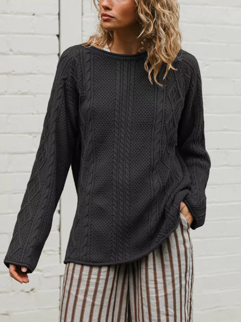 charcoal pullover sweater with cable knit and crew neck