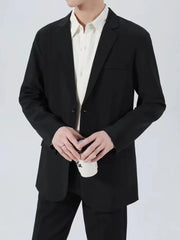 Men's black classic fit sport jacket with buttoned closure and notched lapels.