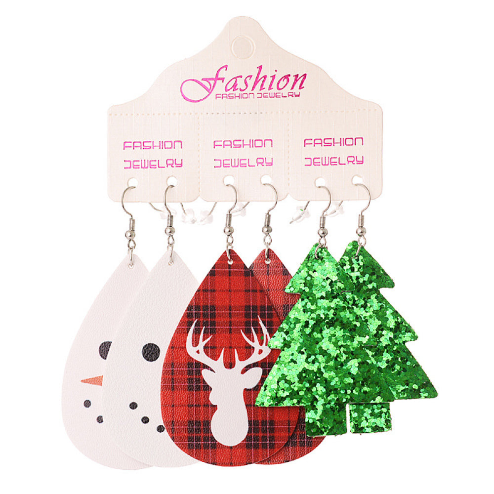 Festive drop earrings trio set with snowman, plaid deer, and glitter Christmas tree designs.