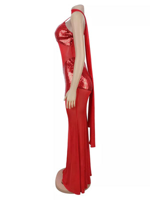 maxi dress in Red with mesh and maxi