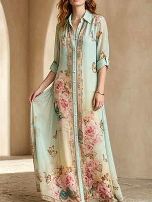 Green shirt dress with maxi and button-front