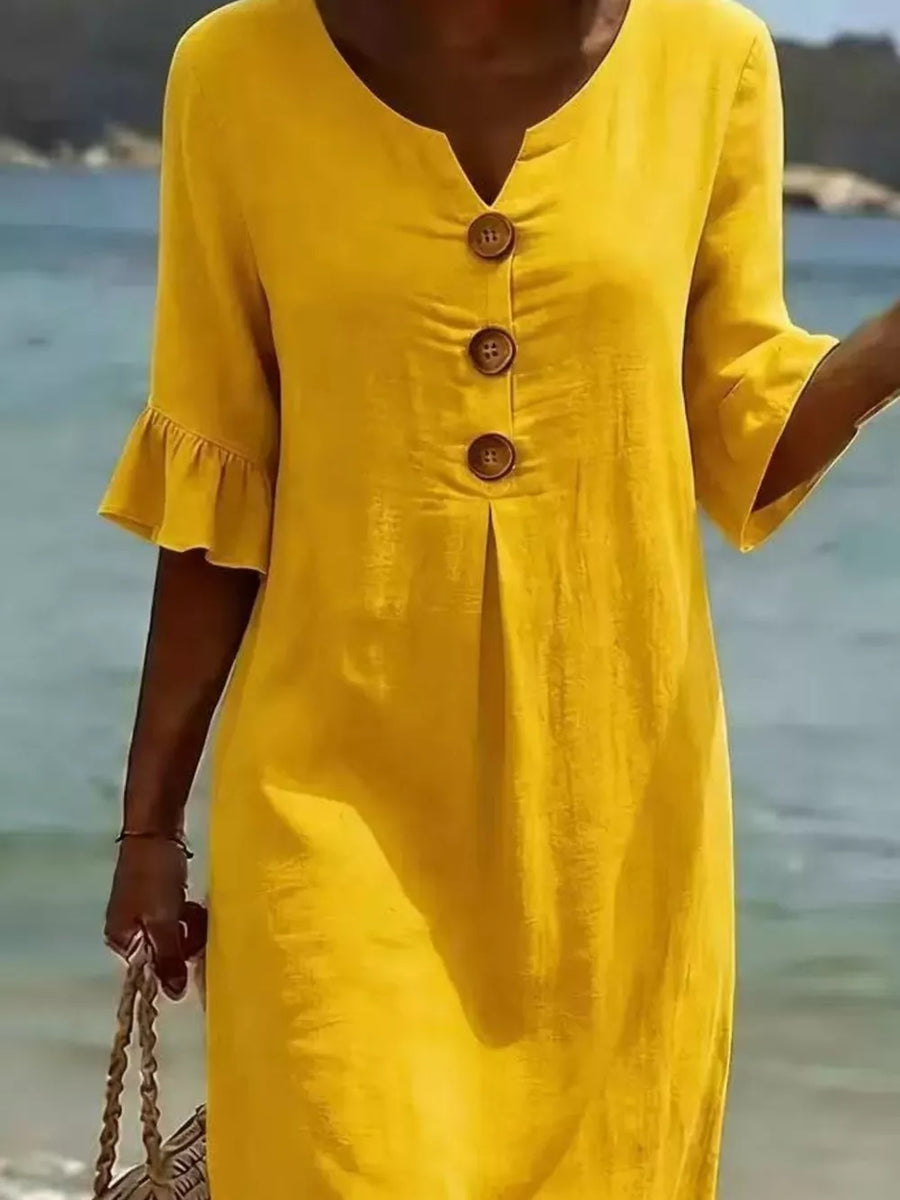 Button Decor Ruffle Sleeve Midi Dress Plus Size, view 11