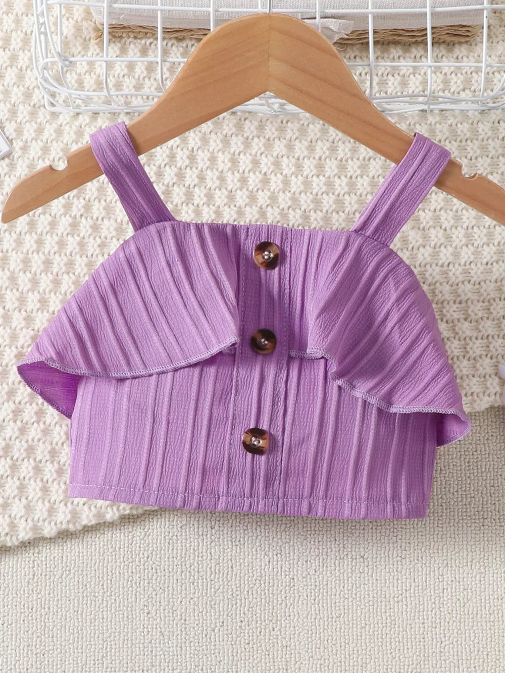 Violet ruffled ribbed toddler set with button front and spaghetti straps.
