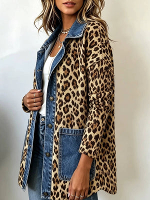 black jacket featuring buttoned and leopard-print
