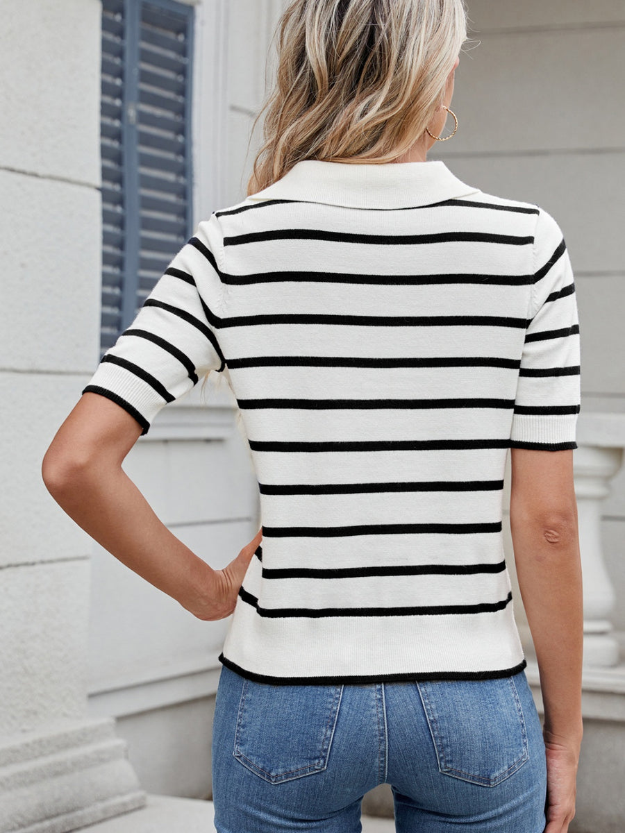 Nautical stripe knit polo top in black and white with a collar and short sleeves.