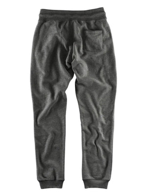 Dark gray relaxed fit joggers with leather pocket detail and ribbed cuffs.