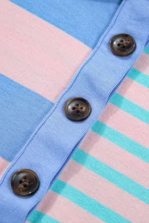 Striped knit cardigan with button front in pink, blue, and teal.