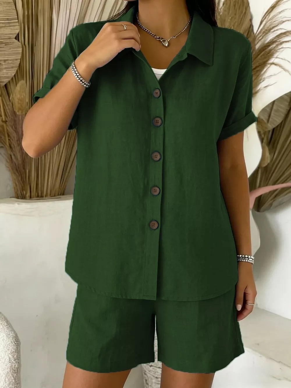 Orange Full Size Button-up Shirt And Shorts Set Plus Size